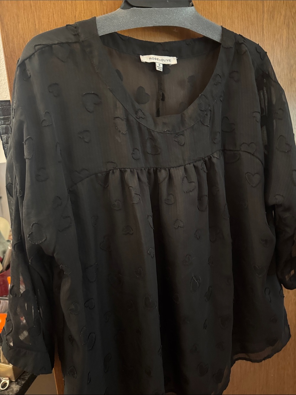 Rose & Olive Black Sheer Heart-Texture Peasant Blouse